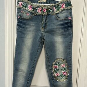 vintage wildflower Embroidered Denim slim Jean Pant